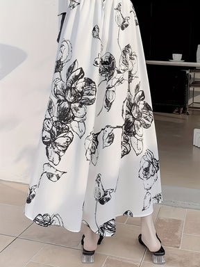 Elegant Black Floral Print Midi Skirt for Women