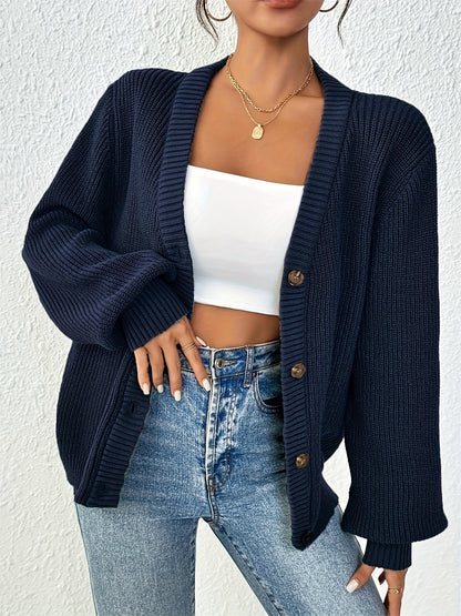 Chic Women's Solid Color Front Button Knit Cardigan Sweater Jacket for Spring and Autumn