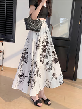 Elegant Black Floral Print Midi Skirt for Women