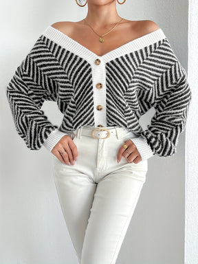 Elegant Women's Black & White Striped V-Neck Cardigan