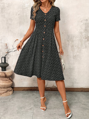 Stylish V-Neck Button-Up Waist-Cinching Dress for Women