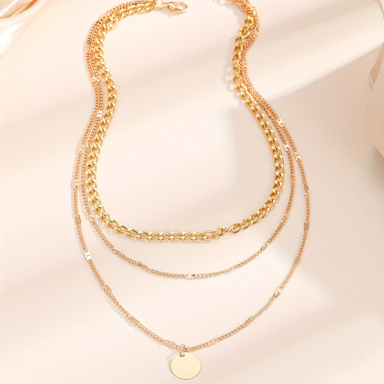 Stylish Boho-Chic Triple Layer Chain Necklace with Round Pendant