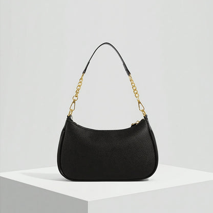 Elegant Black Synthetic Leather Shoulder Bag with Gold Chain Strap