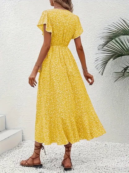 Chic Red Floral V-Neck Midi Dress for Women