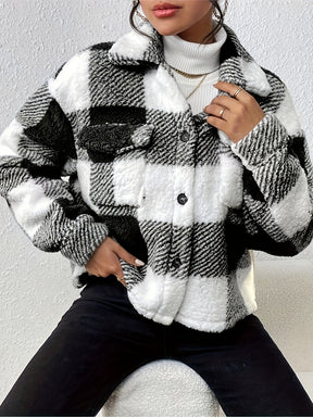 Plaid Button-Up Teddy Coat with Flap Pockets