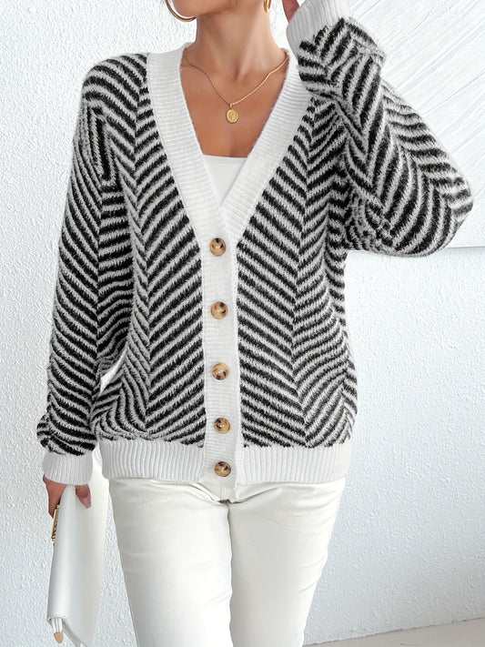 Elegant Women's Black & White Striped V-Neck Cardigan