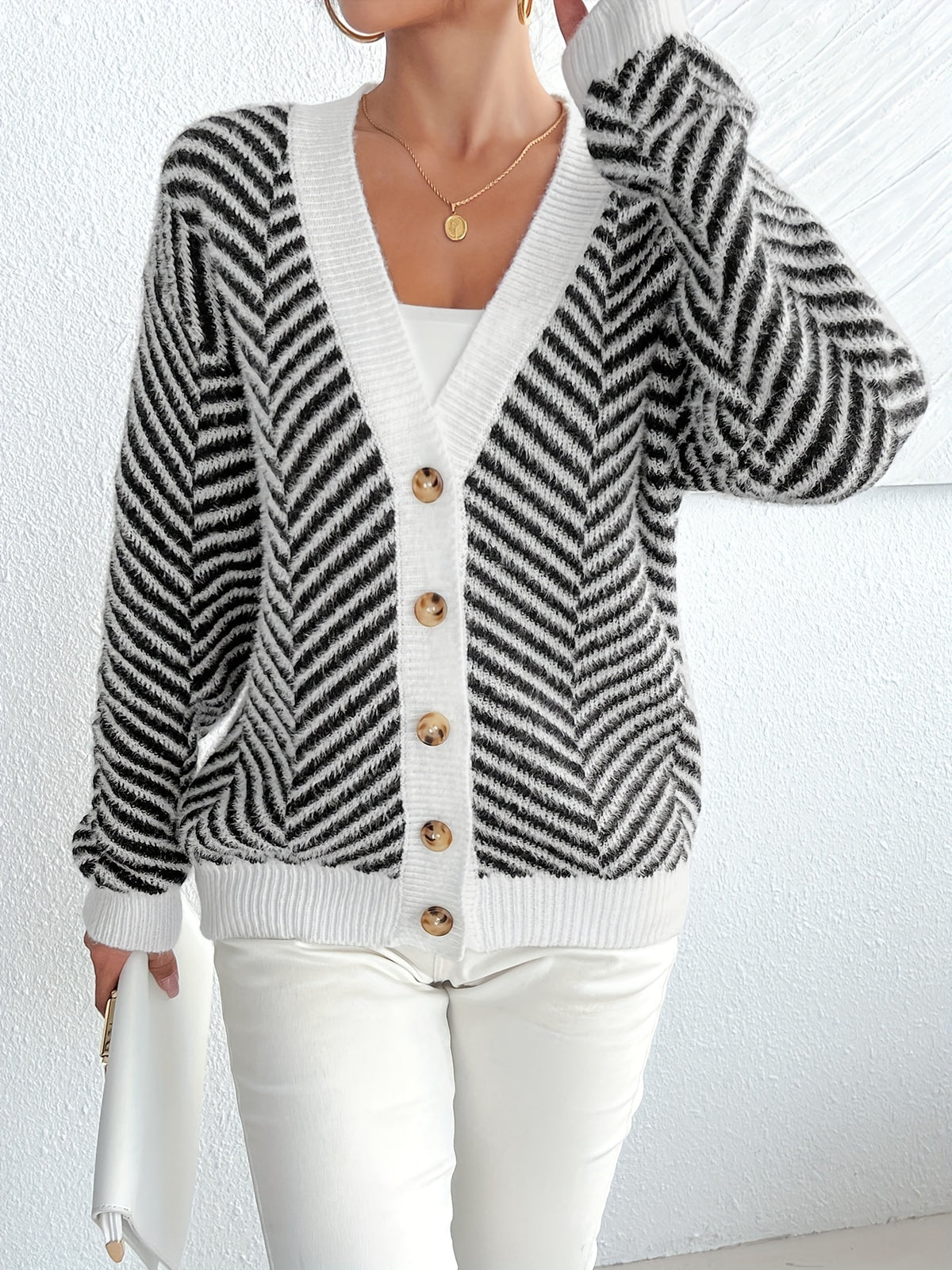 Elegant Women's Black & White Striped V-Neck Cardigan
