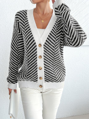 Elegant Women's Black & White Striped V-Neck Cardigan