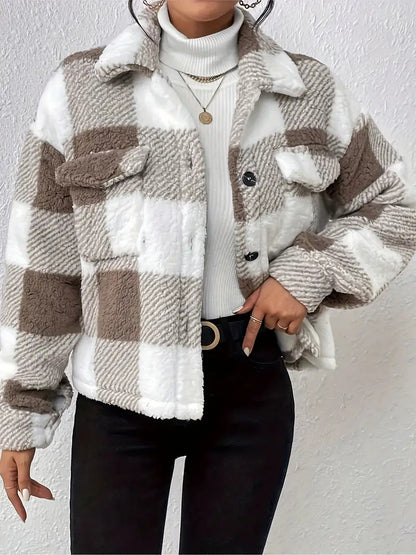 Plaid Button-Up Teddy Coat with Flap Pockets