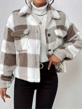 Plaid Button-Up Teddy Coat with Flap Pockets