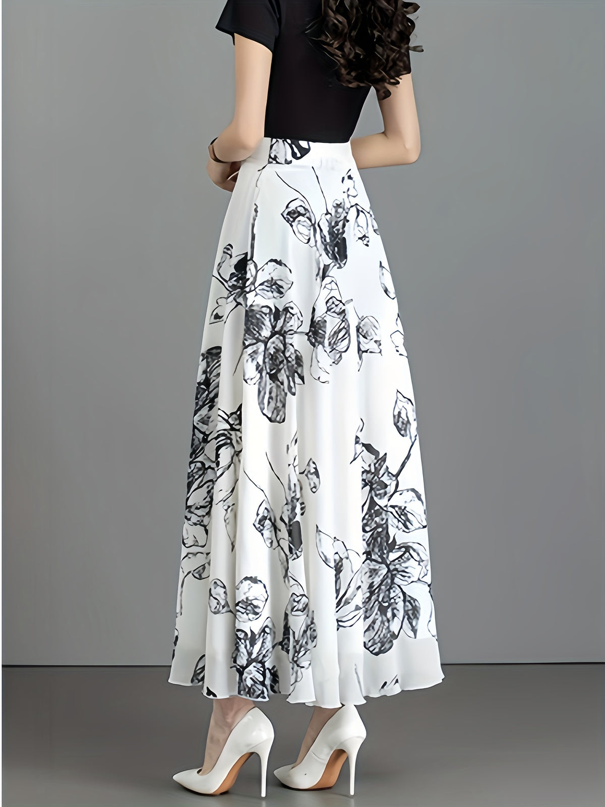 Elegant Black Floral Print Midi Skirt for Women