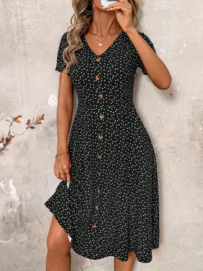Stylish V-Neck Button-Up Waist-Cinching Dress for Women