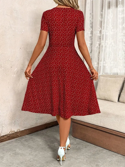 Stylish V-Neck Button-Up Waist-Cinching Dress for Women
