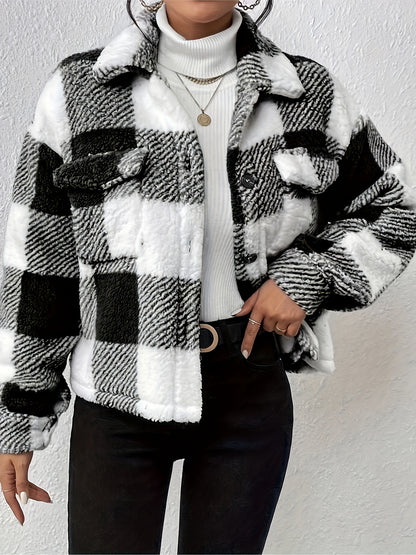 Plaid Button-Up Teddy Coat with Flap Pockets