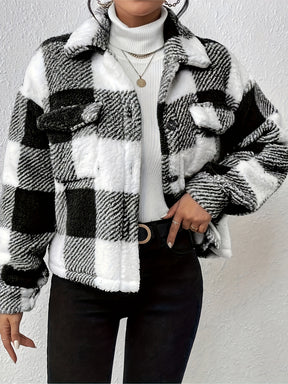 Plaid Button-Up Teddy Coat with Flap Pockets