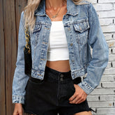 Women's Blue Cropped Denim Jacket with Long Sleeves