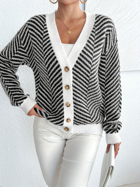 Elegant Women's Black & White Striped V-Neck Cardigan