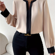 Chic Women's Polyester Blouse with Collar and Black Sleeve Finish