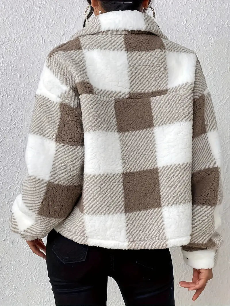 Plaid Button-Up Teddy Coat with Flap Pockets