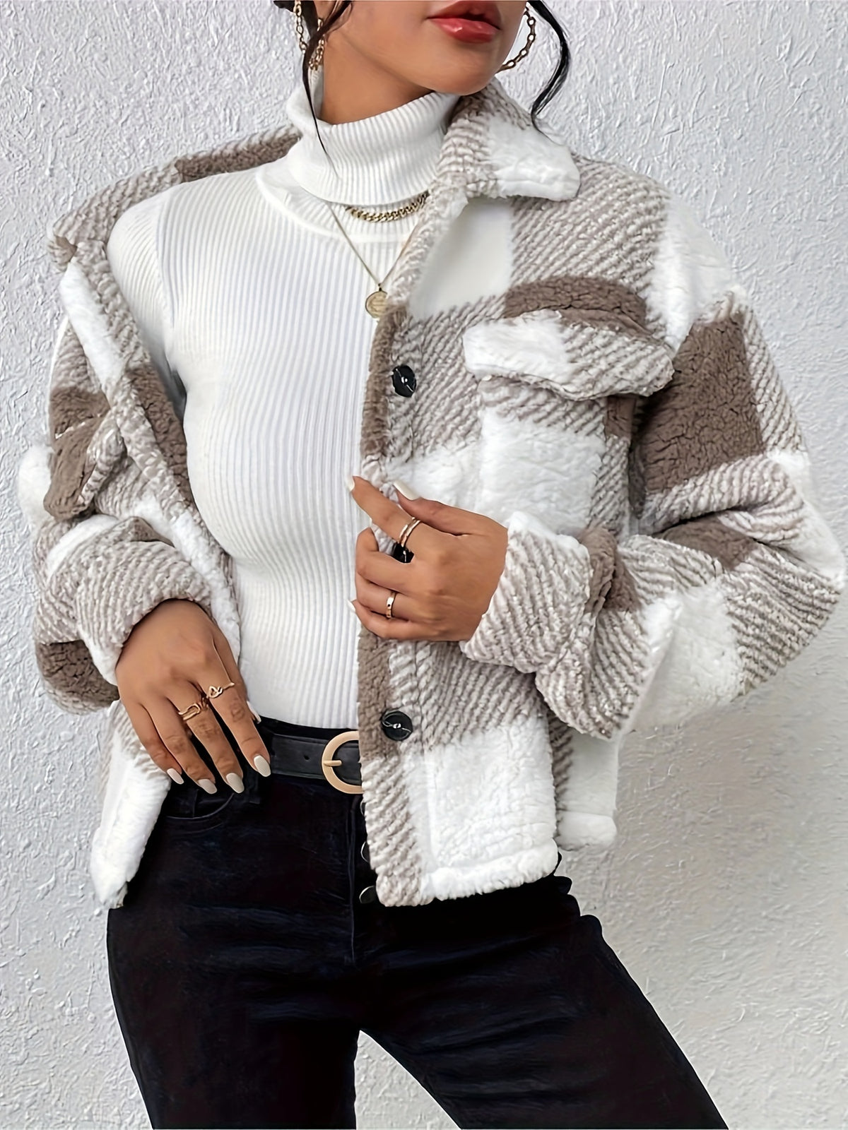 Plaid Button-Up Teddy Coat with Flap Pockets