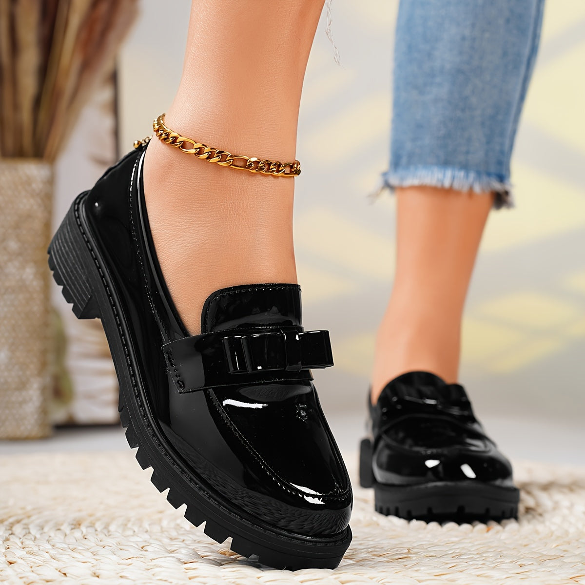 Women's Black Bow Detail Loafers