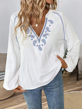 White Bohemian Shirt by Pesley with Color Block Embroidery