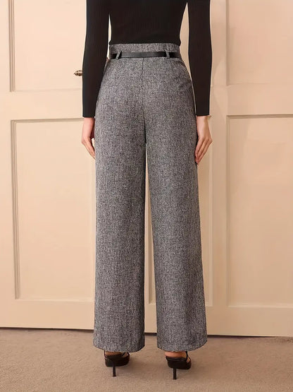 Retro-Inspired High-Waisted Gray Straight-Leg Women's Pants with Adjustable Belt