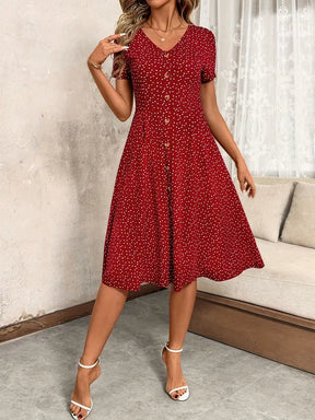 Stylish V-Neck Button-Up Waist-Cinching Dress for Women