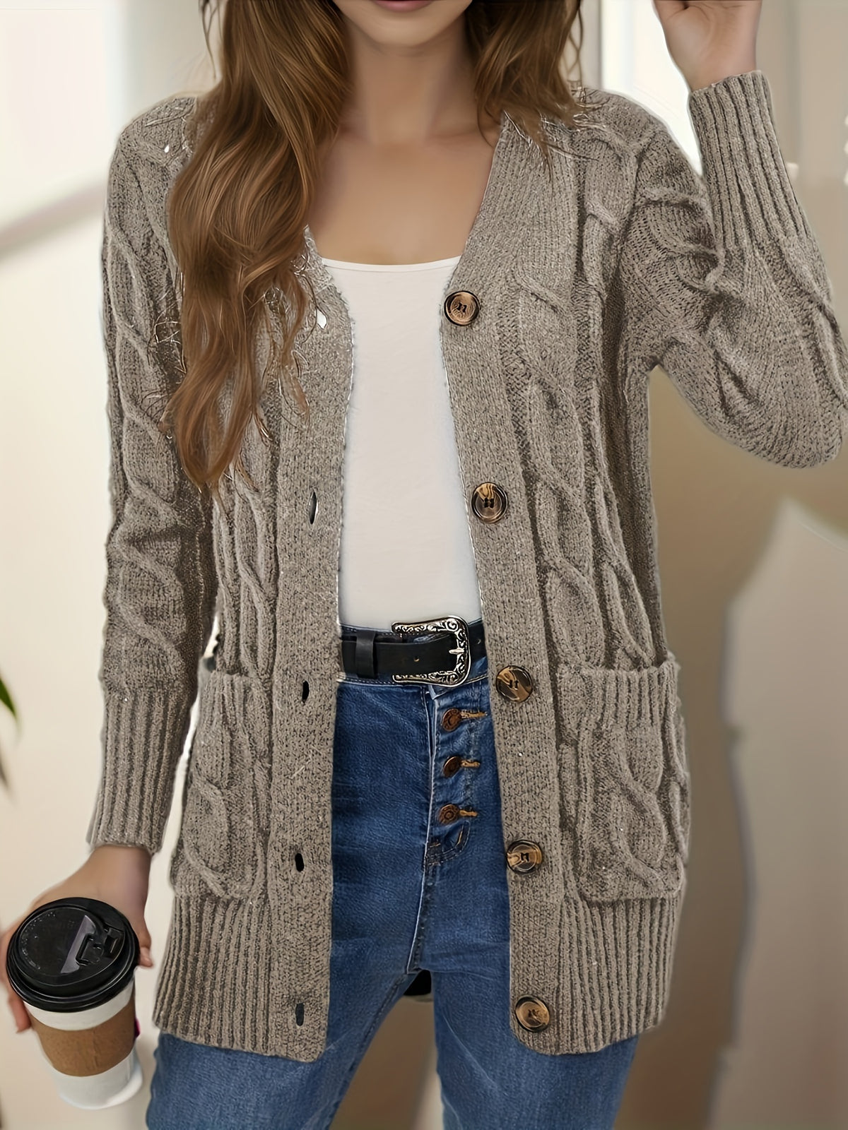 Women's Stylish Front-Open Cardigan with Button Detail