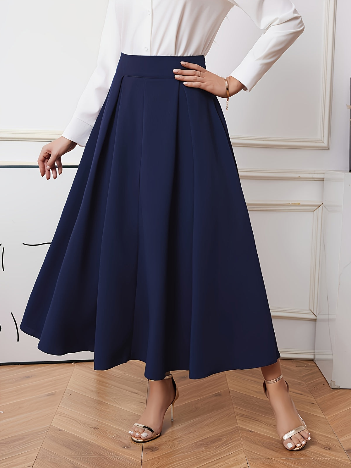 Women's Navy Blue High-Waisted A-Line Skirt