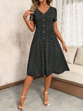 Stylish V-Neck Button-Up Waist-Cinching Dress for Women