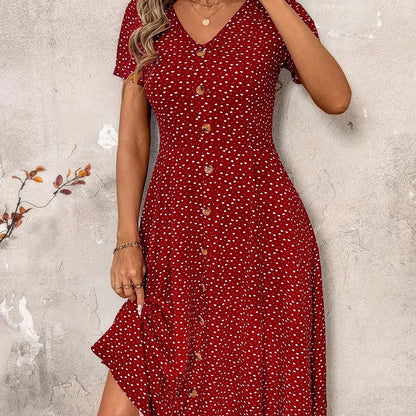 Stylish V-Neck Button-Up Waist-Cinching Dress for Women