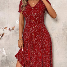 Stylish V-Neck Button-Up Waist-Cinching Dress for Women