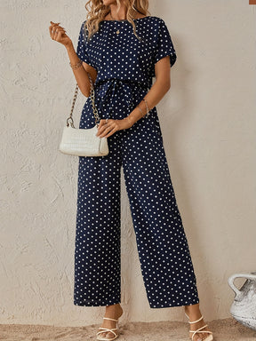 Polka Dot Batwing Jumpsuit with Waist Tie