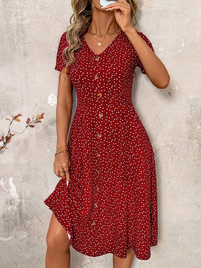 Stylish V-Neck Button-Up Waist-Cinching Dress for Women