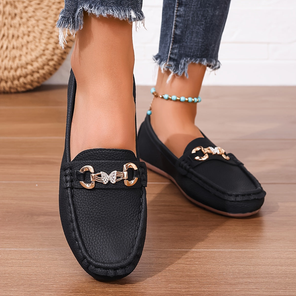 Women's Fashionable Pull-On Shoes with Butterfly Decoration and Diamond Accents