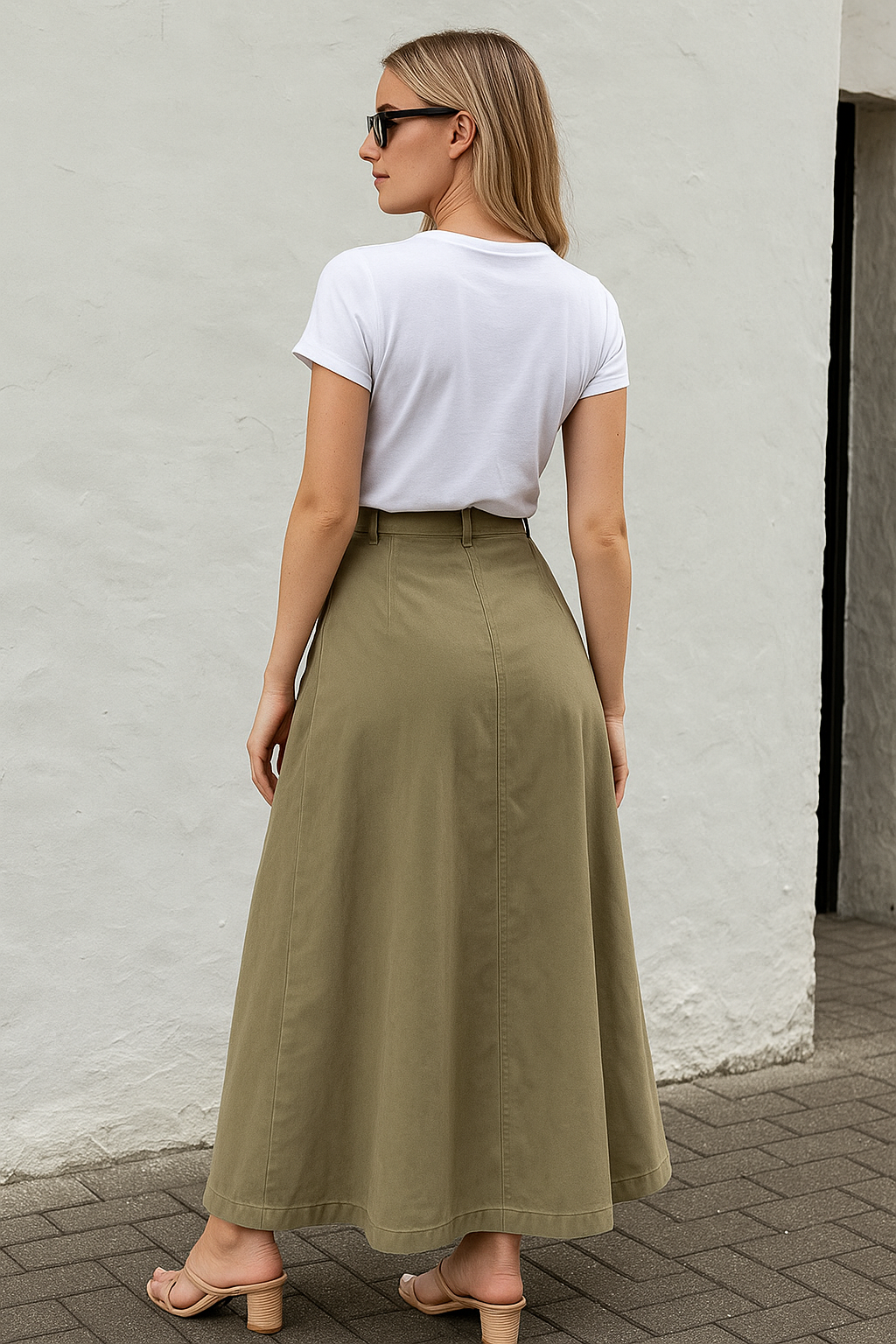 High-Waisted Midi Skirt with Solid Colors and Functional Pockets for Women with Button Front Slit