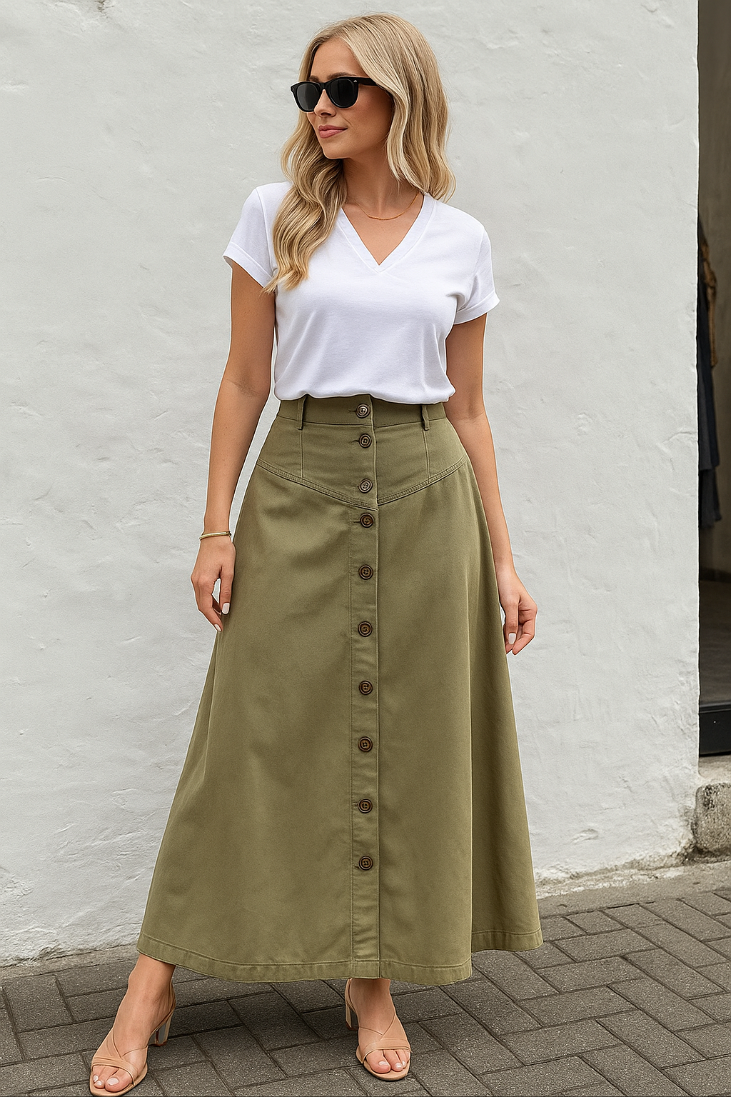 High-Waisted Midi Skirt with Solid Colors and Functional Pockets for Women with Button Front Slit