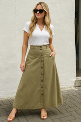 High-Waisted Midi Skirt with Solid Colors and Functional Pockets for Women with Button Front Slit