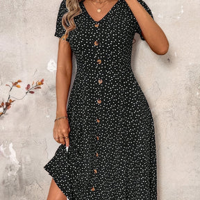 Stylish V-Neck Button-Up Waist-Cinching Dress for Women