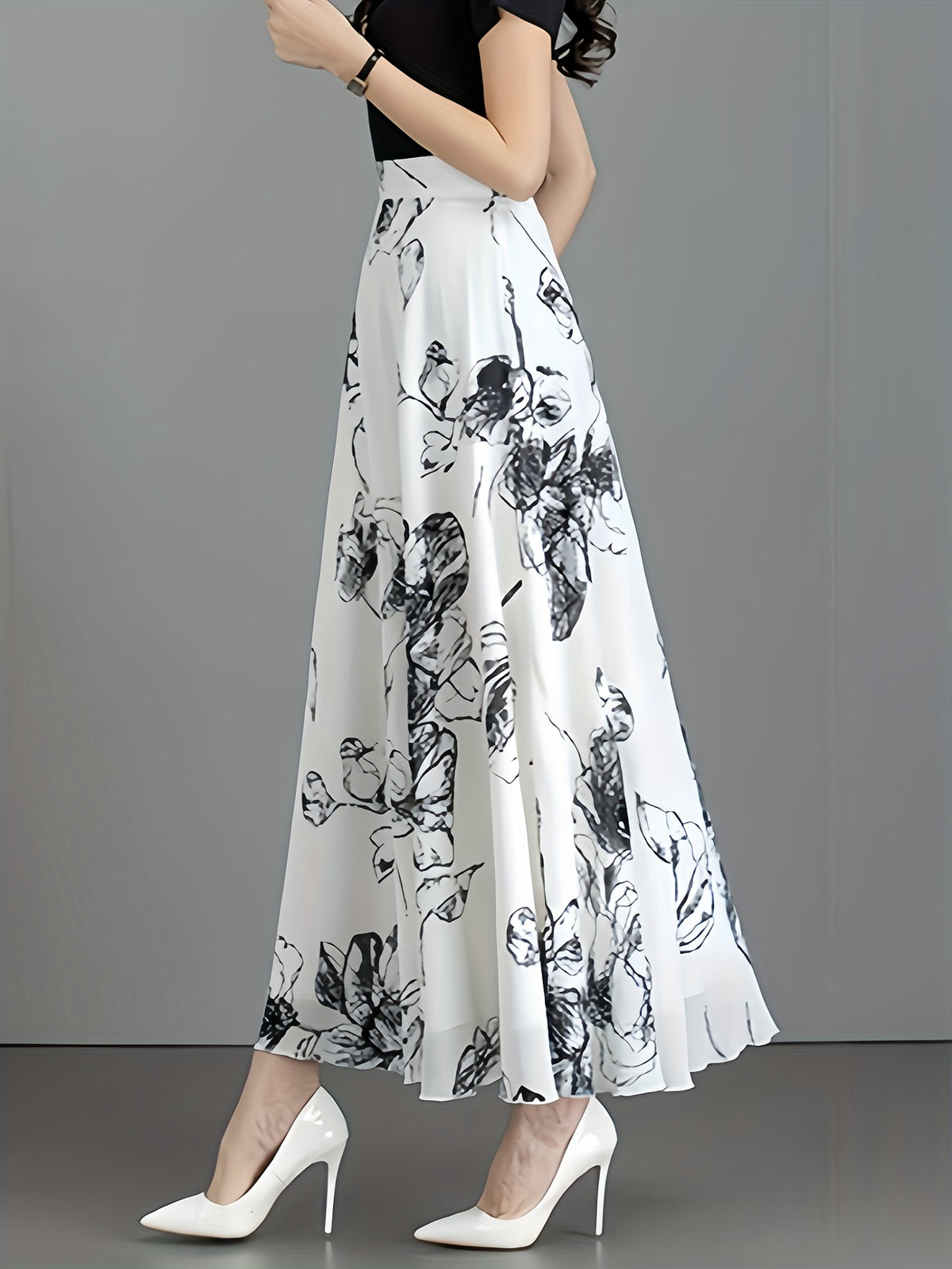 Elegant Black Floral Print Midi Skirt for Women