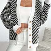 Elegant Women's Black & White Striped V-Neck Cardigan