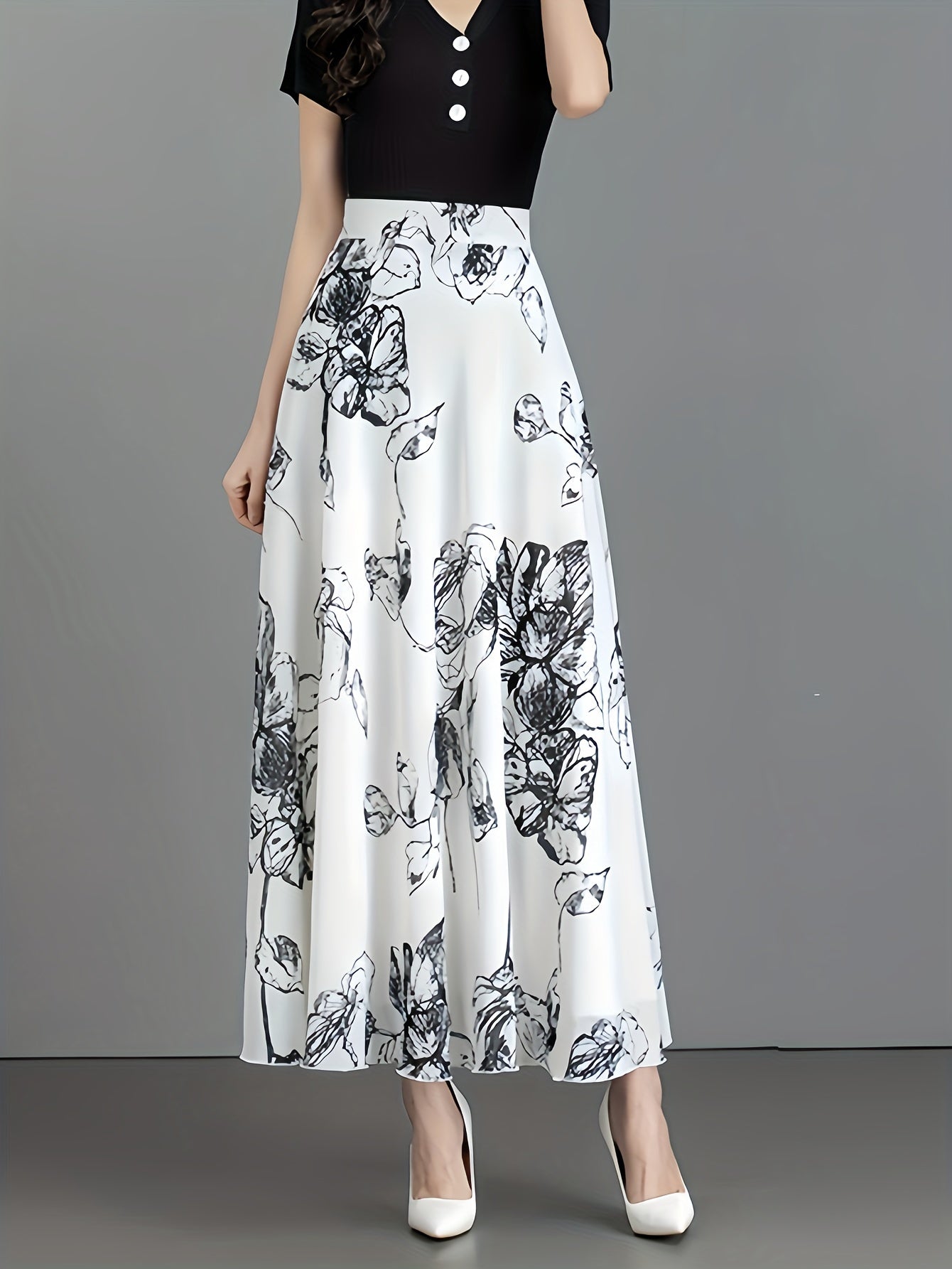 Elegant Black Floral Print Midi Skirt for Women