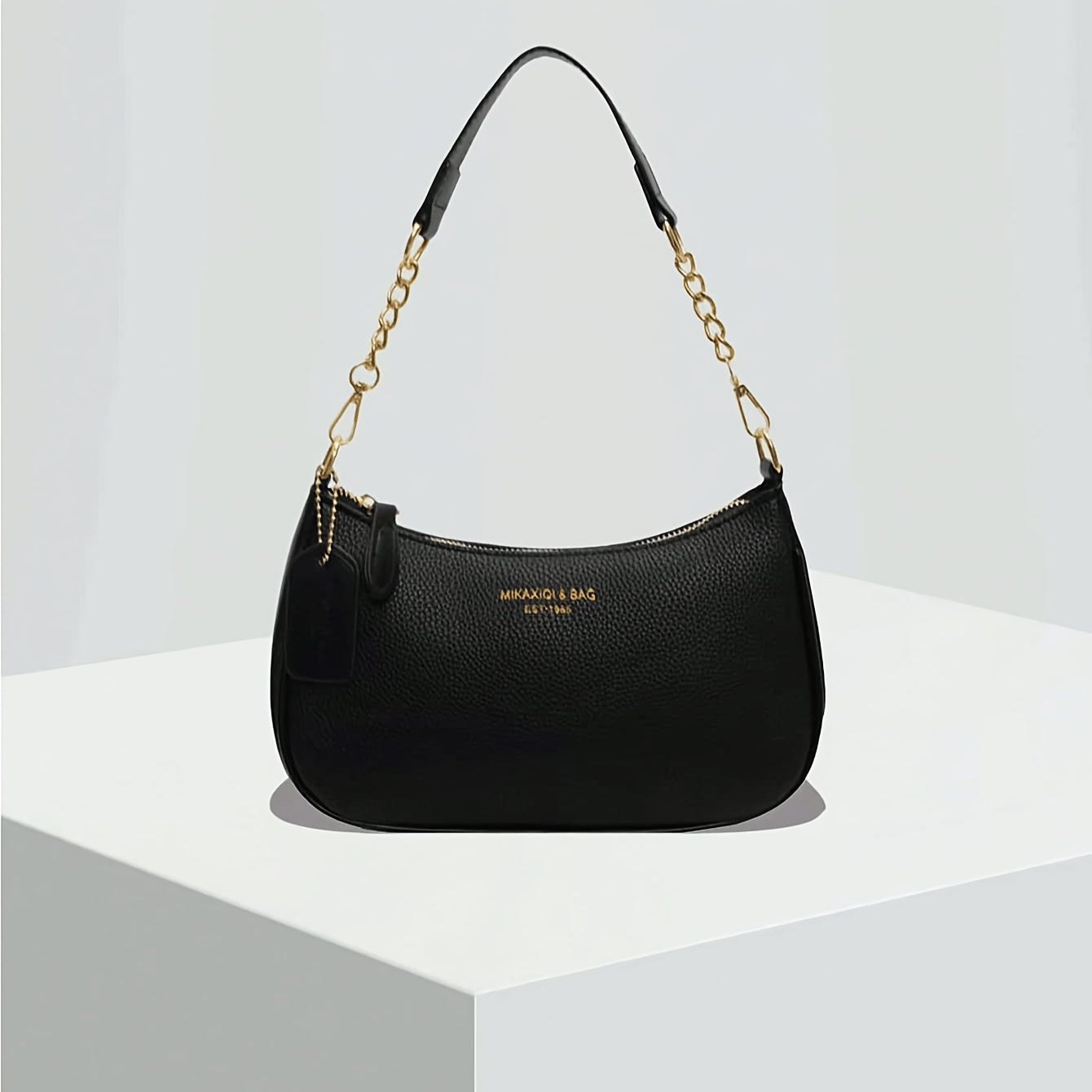 Elegant Black Synthetic Leather Shoulder Bag with Gold Chain Strap