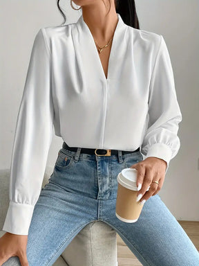 Solid Color V-Neck Long Sleeve Viscose Blouse for Spring and Autumn