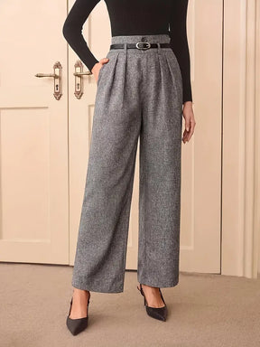 Retro-Inspired High-Waisted Gray Straight-Leg Women's Pants with Adjustable Belt