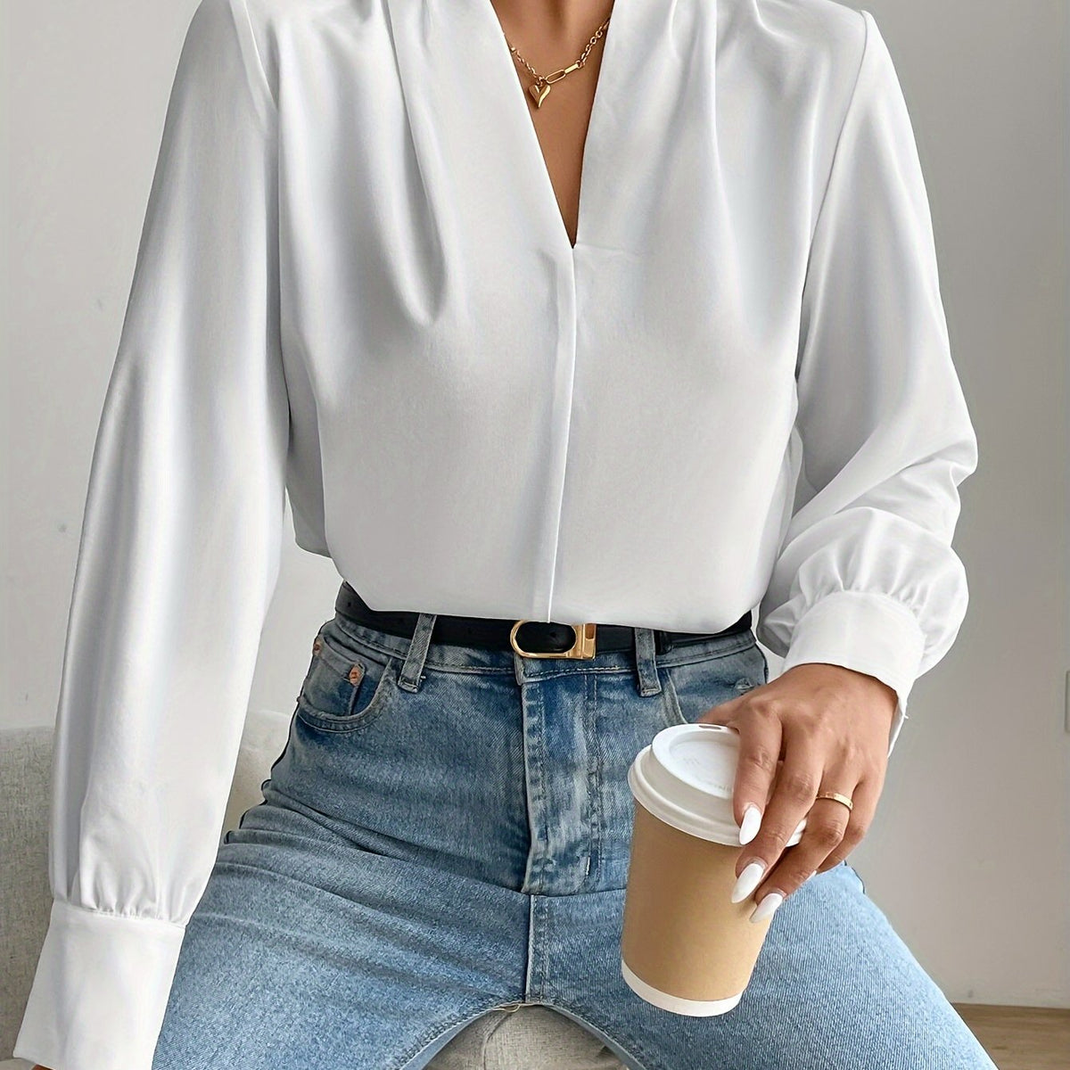 Solid Color V-Neck Long Sleeve Viscose Blouse for Spring and Autumn