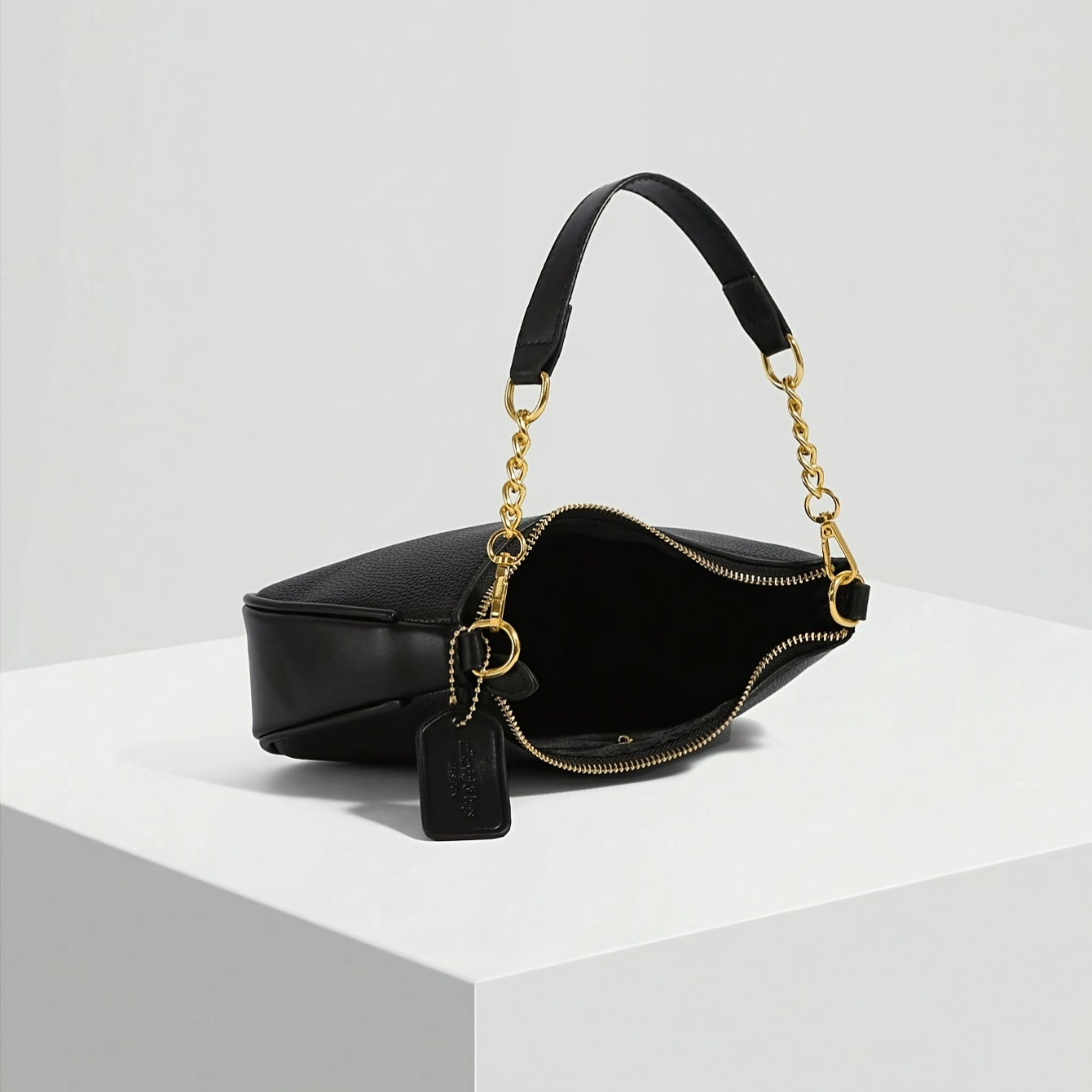 Elegant Black Synthetic Leather Shoulder Bag with Gold Chain Strap
