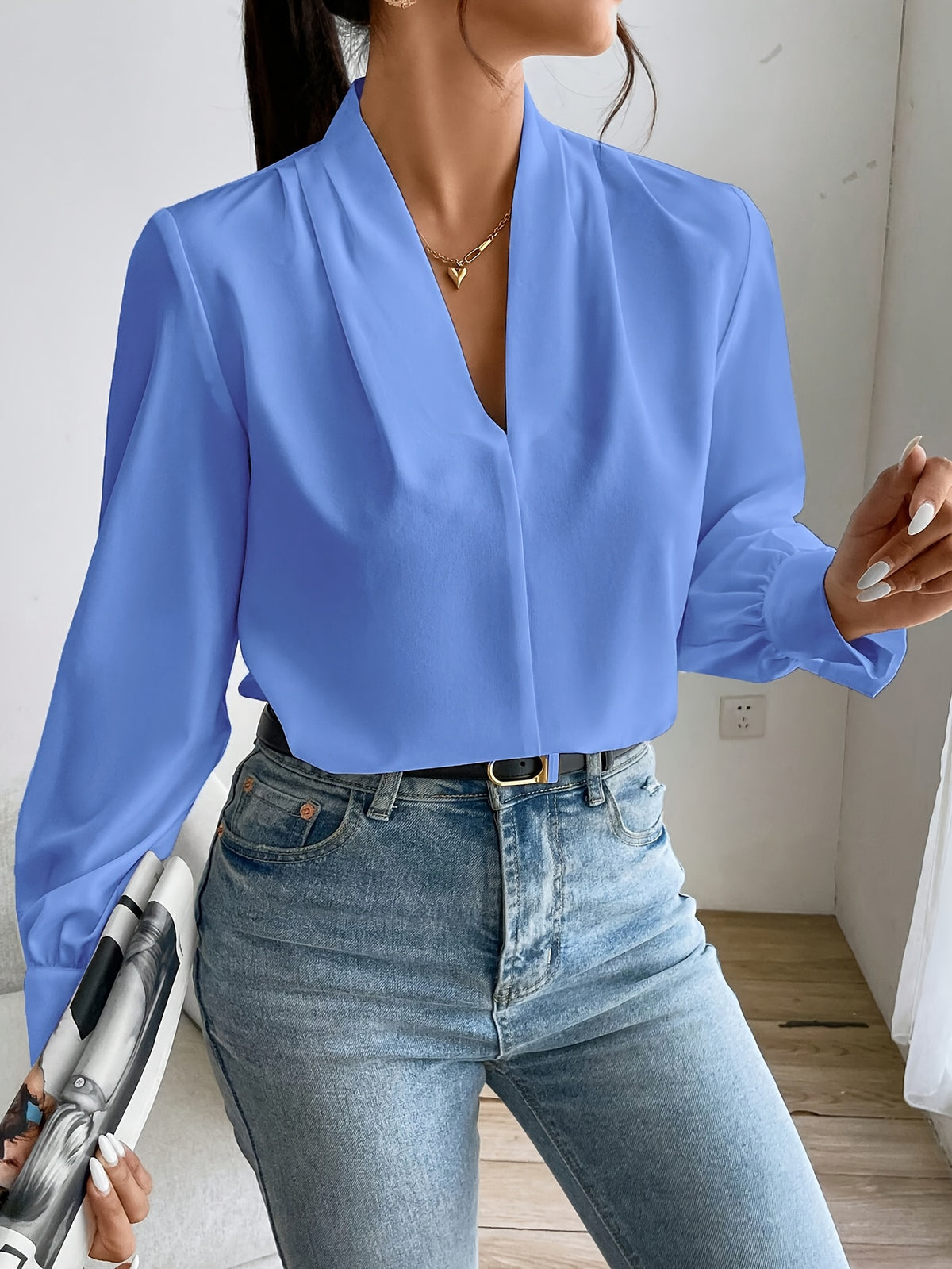 Solid Color V-Neck Long Sleeve Viscose Blouse for Spring and Autumn