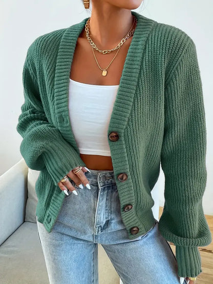 Chic Women's Solid Color Front Button Knit Cardigan Sweater Jacket for Spring and Autumn